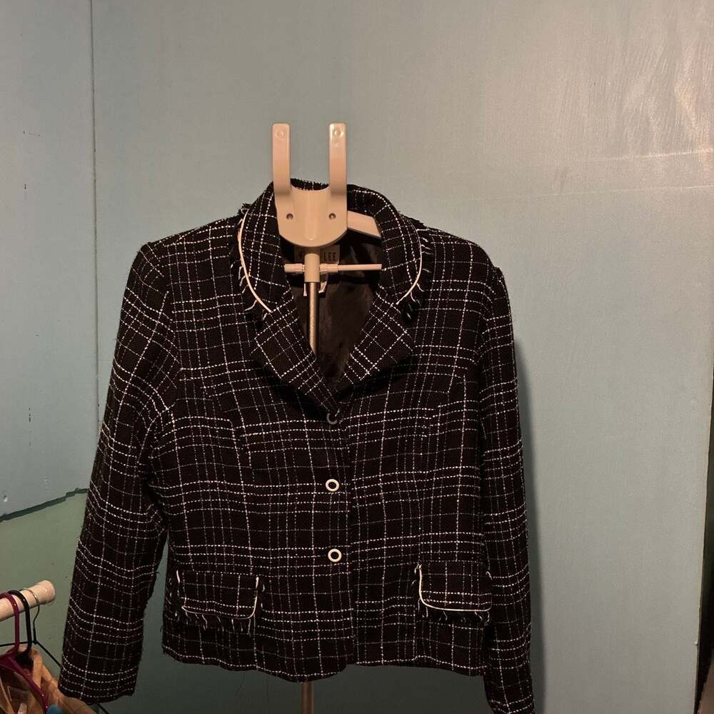 Megan Lee Black and White Plaid Tweed Jacket with Fringe Trim Size 14